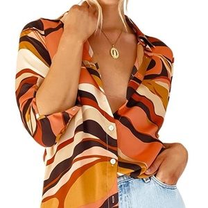 Orange, tan and brown retro button up blouse (gifted)